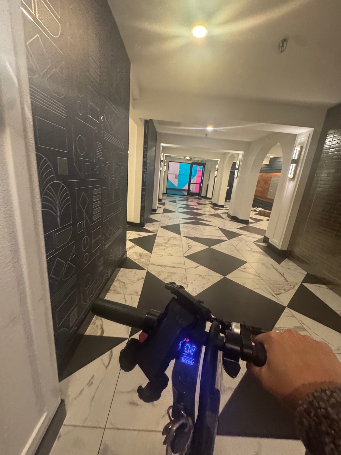The hallway leading to the elevator